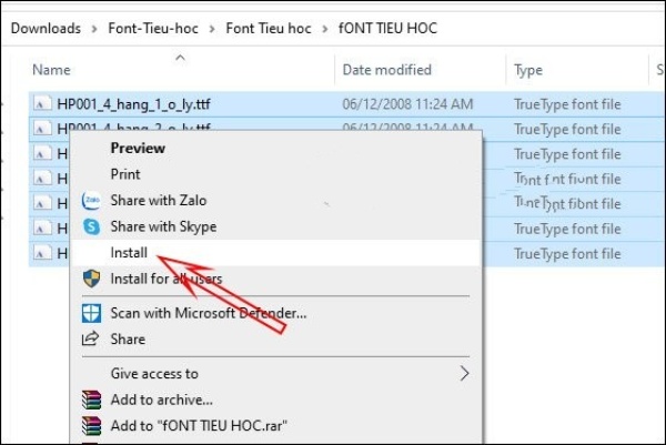 Cài đặt font tiểu học