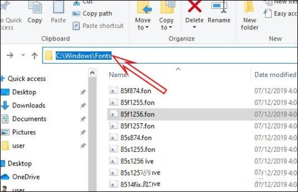 Nhập đường dẫn C:\Windows\Fonts