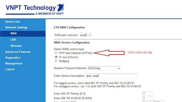 Bạn chọn “PPP over Ethernet (PPPoE)”