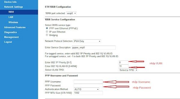 Bạn nhập vào “VLAN”, “Username”, “Password”
