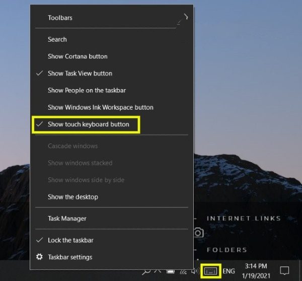 Cách ẩn/hiện nút bàn phím ảo trong thanh Taskbar trên Windows 10
