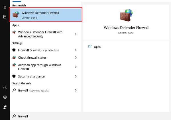 Mở công cụ “Windows Defender Firewall” trên ô Search của Windows