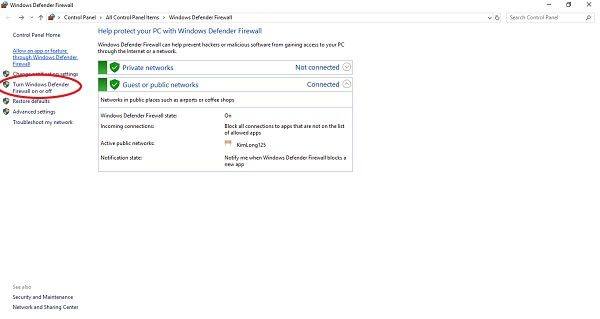 Chọn Turn Windows Firewall on or off