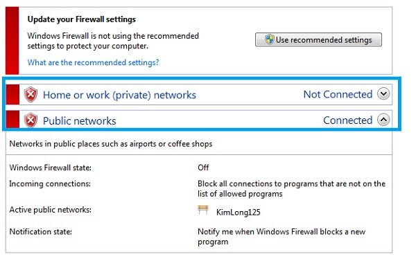 Giao diện của Windows Defender Firewall sau khi tắt tường lửa