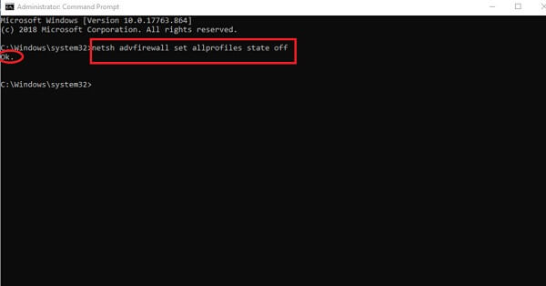 Gõ “Netsh advfirewall set allprofiles state off” để tắt tường lửa
