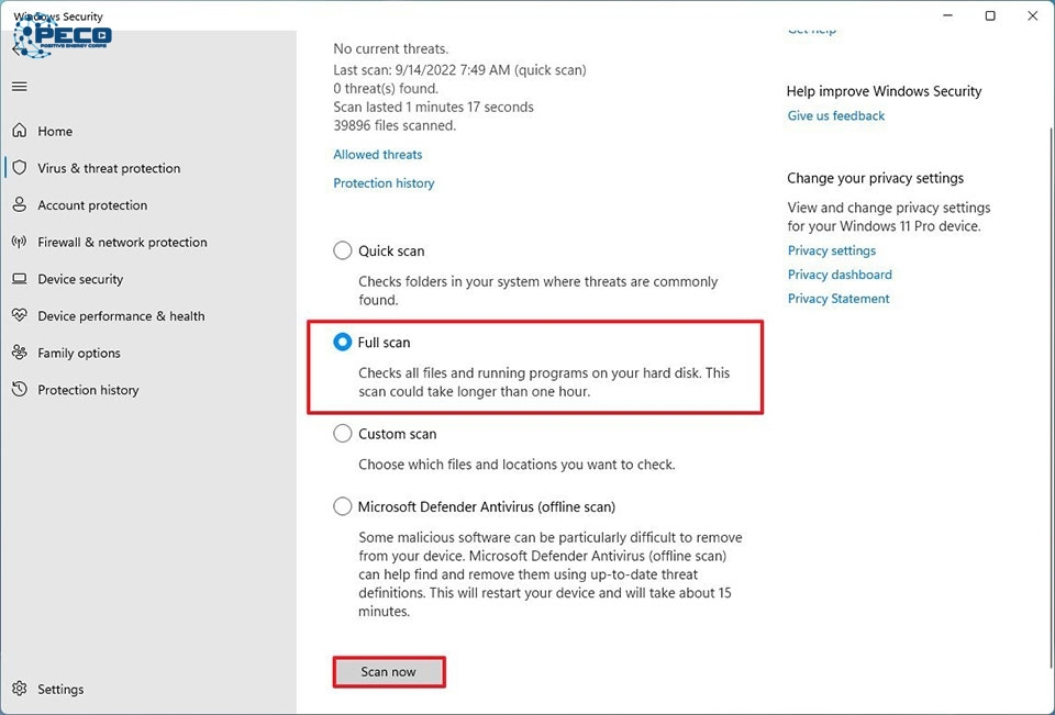 Nhấn nút Scan now để Microsoft Defender tiếp tục Nhấn nút Scan now để Microsoft Defender tiếp tục